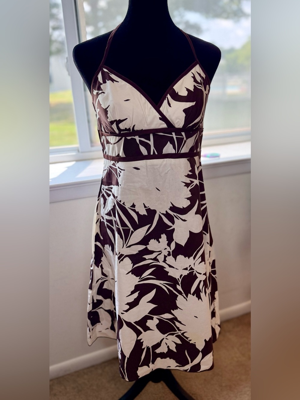 Y2K vintage summer halter sundress empire waist brown white tropical zip med - Picture 2 of 11